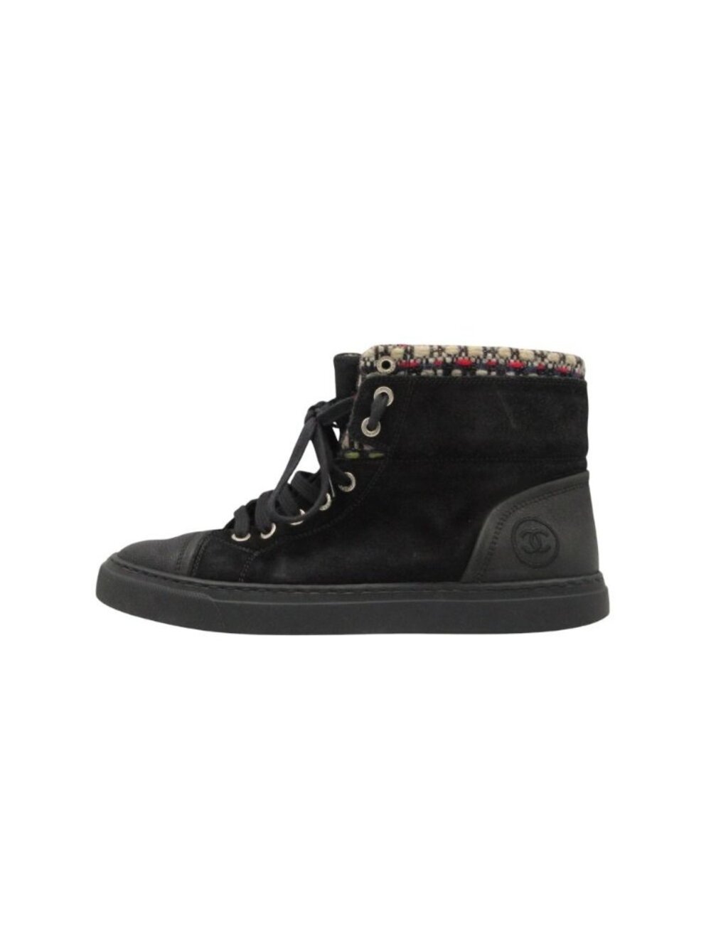 Chanel Sneakers Suede Tweed CC Logo High Cut Shoes Black